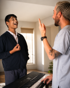 Ben Johnson providing one to one vocal coaching during a singing lesson, demonstrating technique and performance skills.